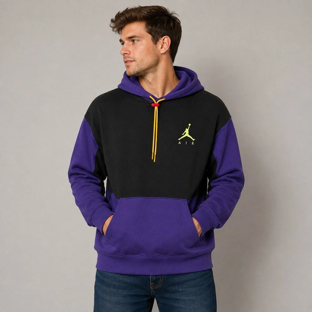 Jordan Air Mens Hoodie Purple Black Colorblock Jumpman Fleece Pullover Small